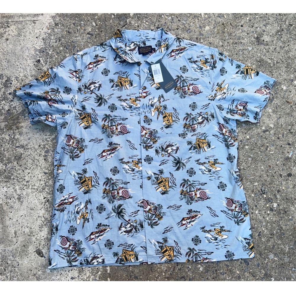 Pendleton Blue Tropical Surf Print Cotton Button Up Shirt Mens 2XL NWT